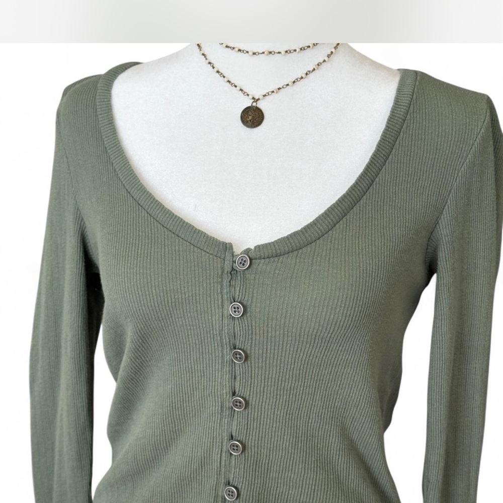 Olive Green Ribbed Button-Up - Picture 2 of 7